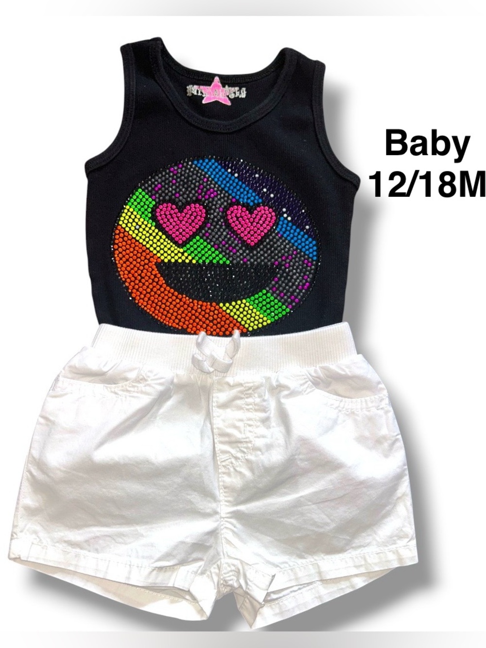 Black Tank Top & White Shorts Set with Rainbow Heart-Eyes Emoji Size 12-18 month